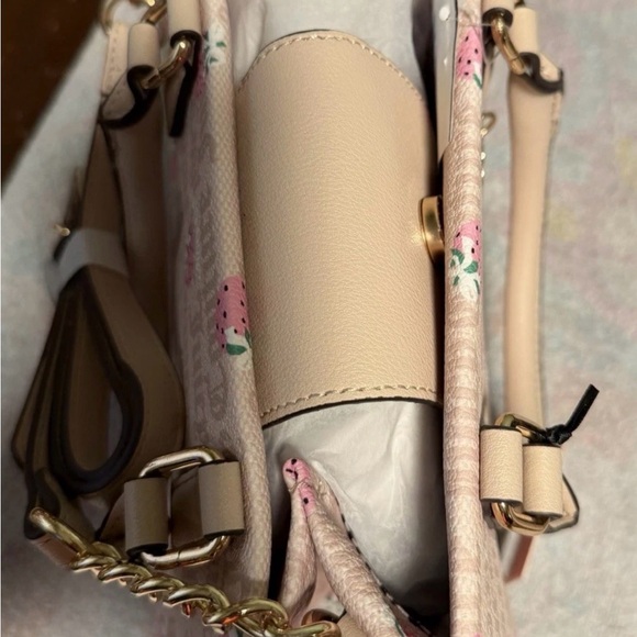 Juicy Couture Strawberry Print Satchel Gold Hardware Pink Beige Top Handles Bag - Picture 5 of 5